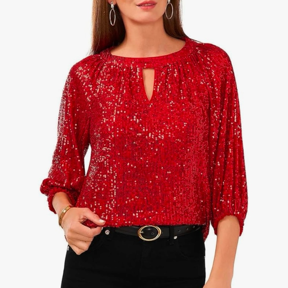 NWT-Vince Camuto Sequin Keyhole Neck Blouse in Ultra Red sz L